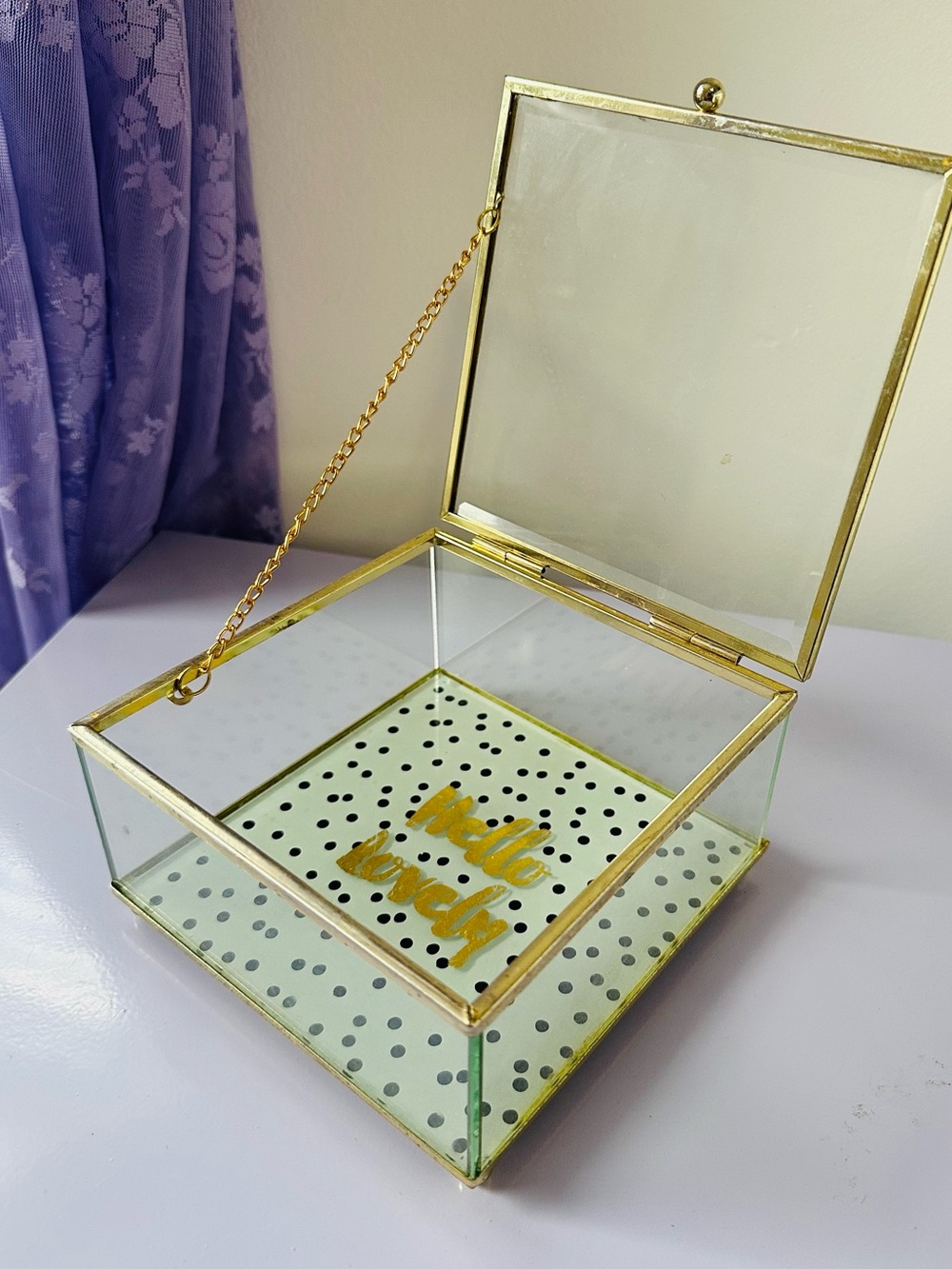 Glass Jewelry Box - Gold Frame with Polka Dot Base